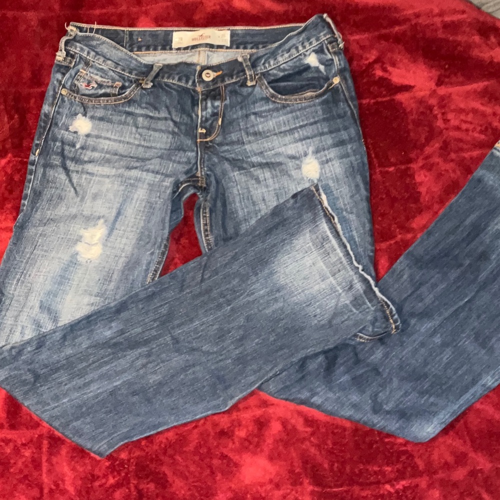 Hollister Women's Distressed Straight Leg Jeans - Dark Blue